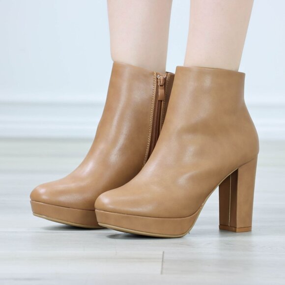 Womens Platform High Heeled Bootie Zip Up Tan Ankle Boots Block Heel - Picture 11 of 12
